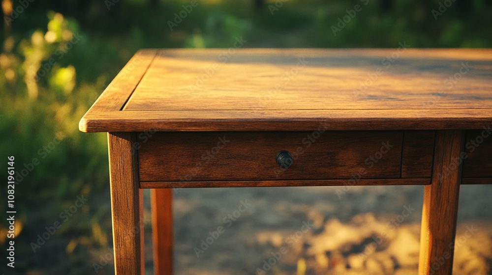 Fototapeta premium Rustic wooden table with drawer in golden sunlight, outdoor setting. Close-up view highlights grain texture and craftsmanship of vintage furniture.