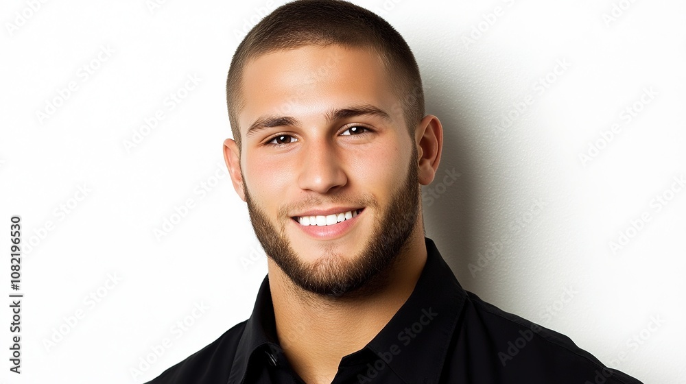 Obraz premium Smiling Young Man with Short Hair Posing Confidently Against a Light Background, Wearing a Black Shirt, Radiating Positivity and Approachability