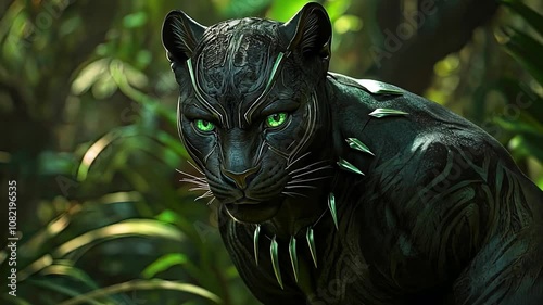 Black Panther in the Jungle: Majestic and powerful, a black panther with glowing green eyes stares intensely from within a lush, verdant jungle.