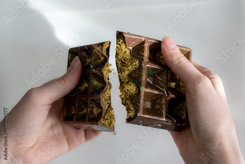 Trend Dubai chocolate with pistachio, tahini and kataifi dough, chocolate broken in woman's hands. Handmade confectionary