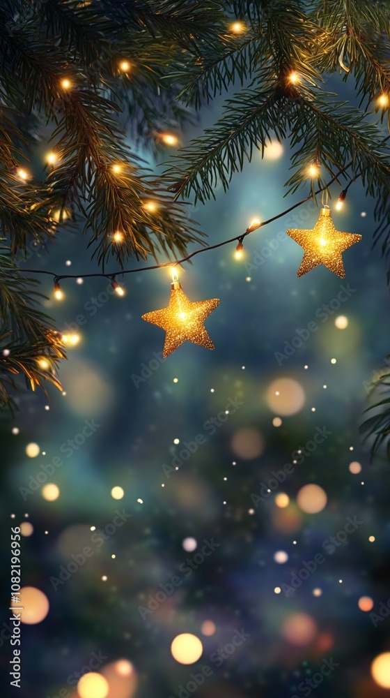 Festive Christmas tree branches adorned with twinkling lights and golden star ornaments, creating a magical holiday atmosphere against a dreamy bokeh background. Festive Christmas tree branches adorned with twinkling lights and golden star ornaments, creating a magical holiday atmosphere against a dreamy bokeh background.