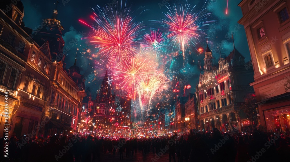 Naklejka premium Nighttime Fireworks Display Over City Street