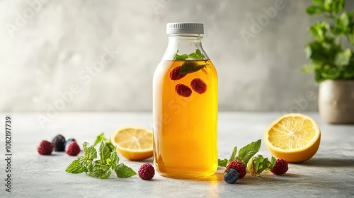 Homemade Kombucha with Fresh Berries: Clean Commercial Food Photography Featuring Citrus Slices and Mint in Natural Light with Negative Space.