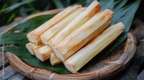 Freshly cut palm heart sticks on a woven bamboo tray with green leaves. photo