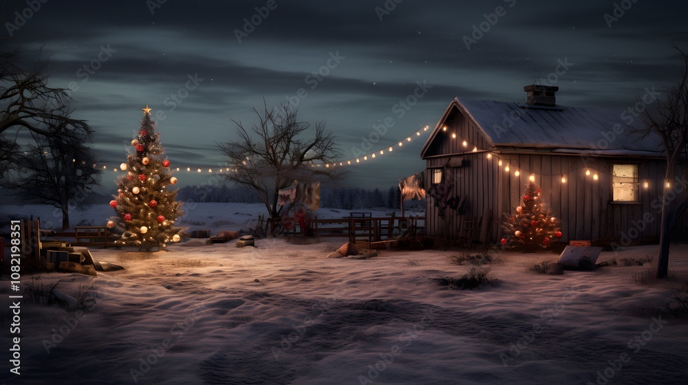 Outdoor Christmas scene without snow featuring only a bare tree with lights AI generated illustration Outdoor Christmas scene without snow featuring only a bare tree with lights AI generated illustration