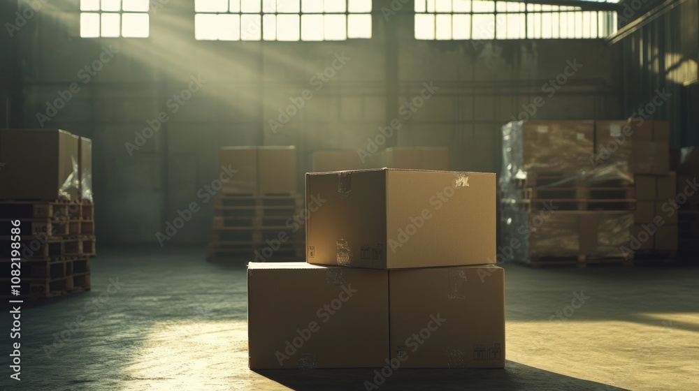 Three Cardboard Boxes Stacked in a Warehouse with Sunbeams Three Cardboard Boxes Stacked in a Warehouse with Sunbeams