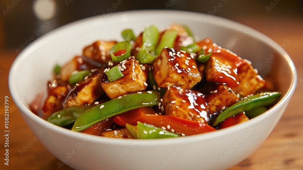 Colorful Stir-Fried Tofu with Bell Peppers and Green Onions in a Bowl, Garnished with Sesame Seeds, Capturing the Essence of Asian Cuisine and Healthy Eating Colorful Stir-Fried Tofu with Bell Peppers and Green Onions in a Bowl, Garnished with Sesame Seeds, Capturing the Essence of Asian Cuisine and Healthy Eating