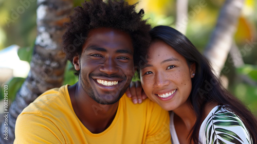 Joyful interracial couple smiling outdoors in casual attire.