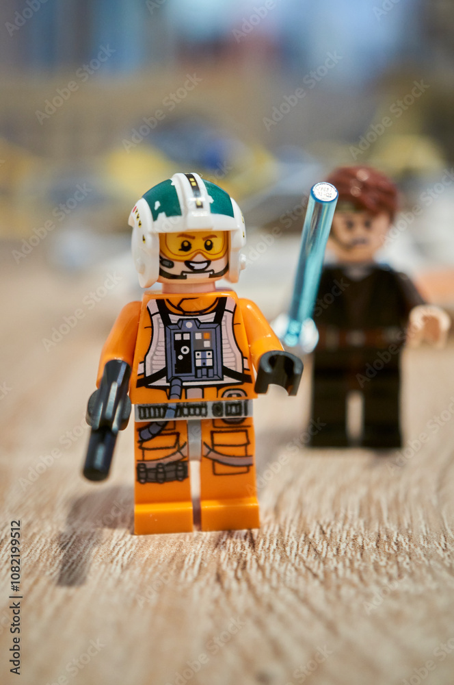 Obraz premium Shot of Lego brand Star Wars Wedge Antilles star fighter toy figurines