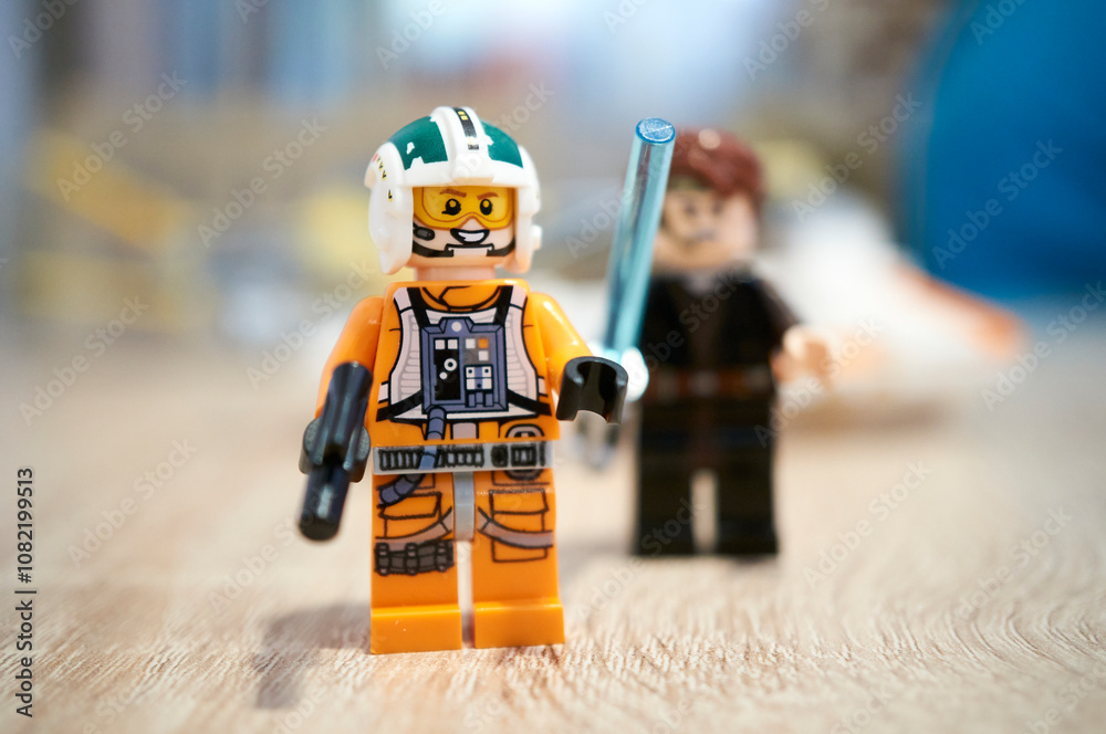 Obraz premium Close-up shot of Lego brand Star Wars Wedge Antilles star fighter toy figurines
