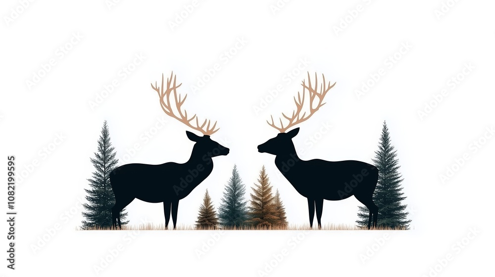 Naklejka premium Two deer stand facing each other in a snowy forest