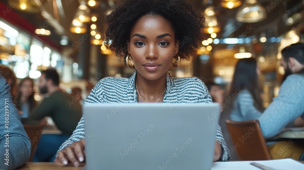 Confident woman using laptop in a bustling cafe, showcasing modern lifestyle and work culture amidst a vibrant environment filled with people and warm lighting. Confident woman using laptop in a bustling cafe, showcasing modern lifestyle and work culture amidst a vibrant environment filled with people and warm lighting.