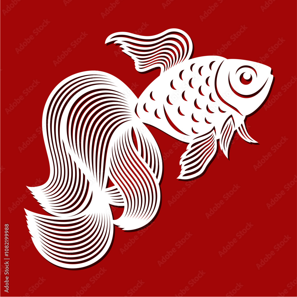 Silhouette of goldfish with scales, fins, beautiful tail. White fish on a red background. Template for plotter laser cutting of paper, fretwork, wood carving, metal engraving, cnc. Vector illustration Silhouette of goldfish with scales, fins, beautiful tail. White fish on a red background. Template for plotter laser cutting of paper, fretwork, wood carving, metal engraving, cnc. Vector illustration