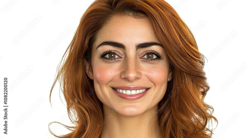 Naklejka premium Vibrant Young Woman with Long Red Hair and Bright Smile on White Background, Perfect for Portrait and Beauty Projects in High Resolution