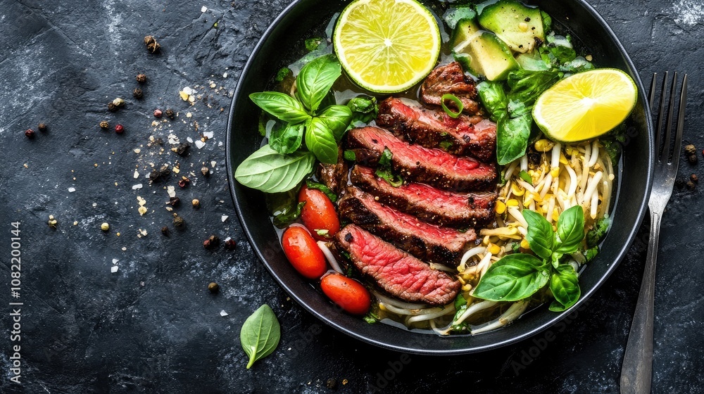 Deliciously Grilled Beef Steak Slices Served with Fresh Herbs, Zucchini, Cherry Tomatoes, and Lime in a Black Bowl on a Dark Stone Background