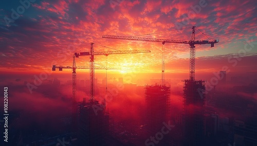 Tower cranes at a construction site silhouetted against a vibrant sunrise over an urban cityscape with scattered clouds Generative AI photo