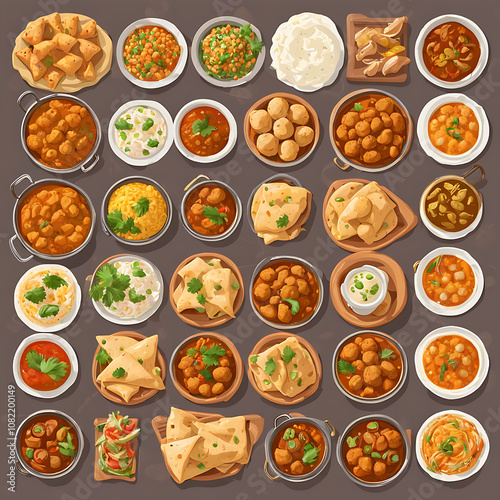 Set of all Indian Desi foods, top view. Asian cuisines set, top view. All Indian traditional Foods collection. Paneer curry, samosa, kofta, omelet, chole bhature, garlic naan, chole, fried rolls.