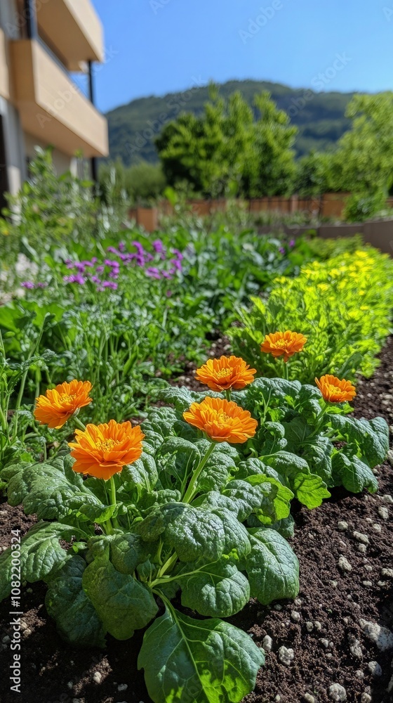 A garden rooftop in an urban environment, with vegetables and flowers growing, showcasing urban farming potential. Use textures to emphasize the plants’ freshness A garden rooftop in an urban environment, with vegetables and flowers growing, showcasing urban farming potential. Use textures to emphasize the plants’ freshness