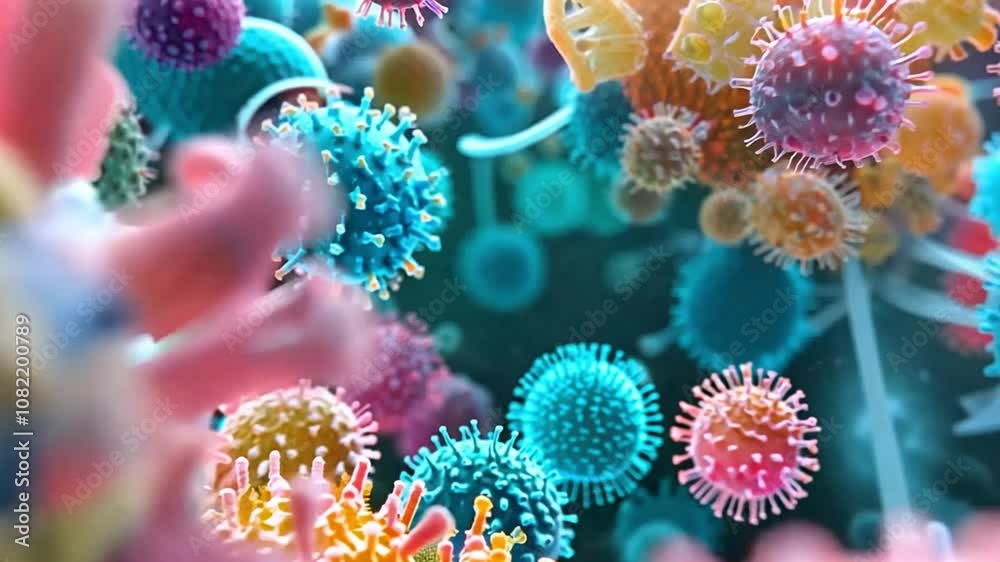 Microscopic view of colorful bacteria and viruses in motion. Microscopic view of colorful bacteria and viruses in motion.
