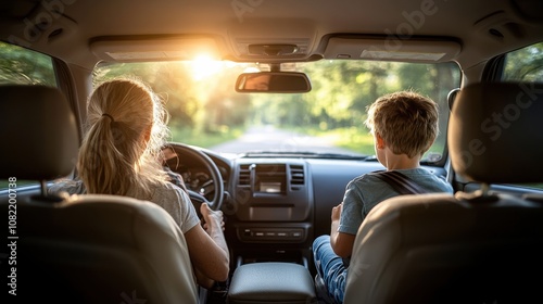 Serene Family Drive Through Lush Green Forest at Sunset, Showing Parent and Child Enjoying Quality Time Together in Car with Warm Light Filtering In