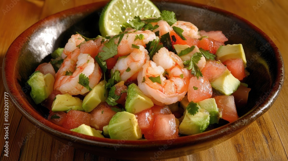 Fresh Shrimp Ceviche with Avocado and Tomato in a Bowl Garnished with Lime and Cilantro for a Colorful and Flavorful Dish Fresh Shrimp Ceviche with Avocado and Tomato in a Bowl Garnished with Lime and Cilantro for a Colorful and Flavorful Dish