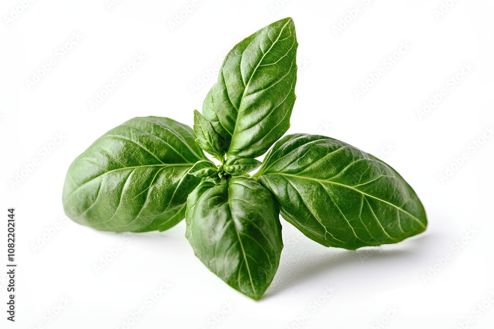 A fresh basil leaf displayed against a white background, showcasing its vibrant green color and glossy texture. A fresh basil leaf displayed against a white background, showcasing its vibrant green color and glossy texture.