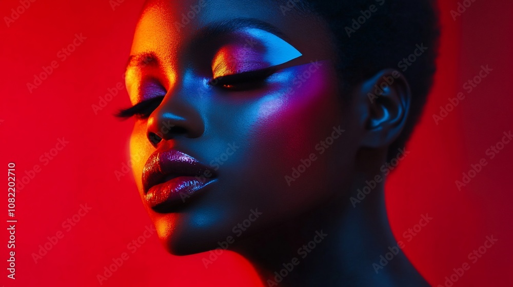 A close-up portrait of a beautiful black woman with her eyes closed, illuminated by colorful lights. A close-up portrait of a beautiful black woman with her eyes closed, illuminated by colorful lights.