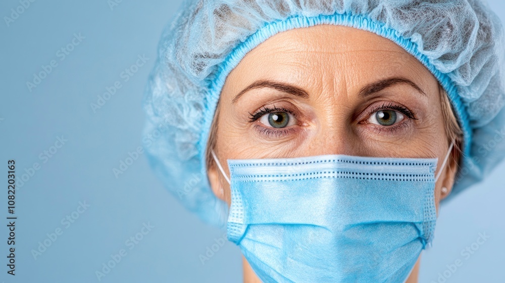 Closeup of a Female Healthcare Worker Wearing a Surgical Mask and Cap Closeup of a Female Healthcare Worker Wearing a Surgical Mask and Cap