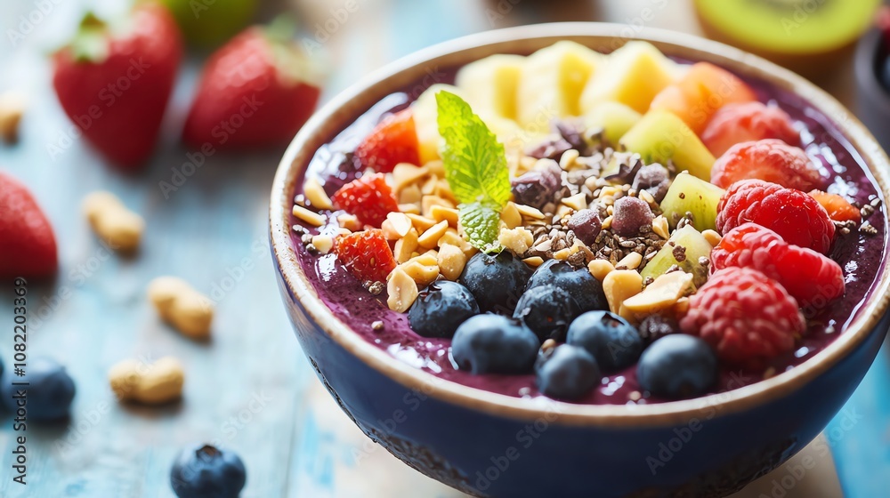 AÃ§aÃ­ bowl topped with fresh fruit, nuts, and chia seeds, a delicious and healthy breakfast option.