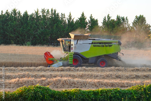 agricultural machinery. agriculture industry. modern combine harvester and farmers harvesting a crop field.