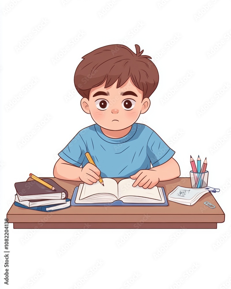 A child studying at a desk with books and stationery. A child studying at a desk with books and stationery.