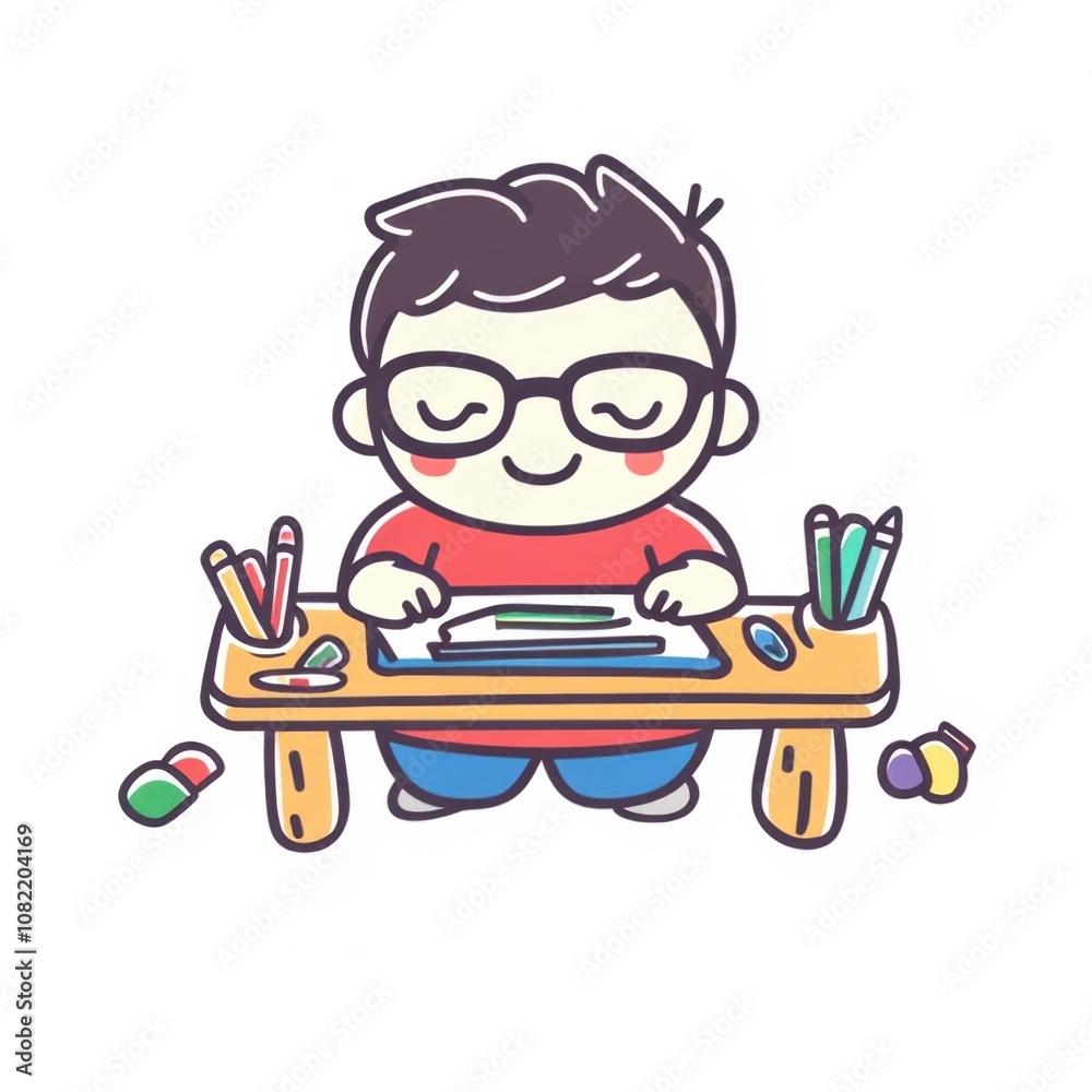 A cheerful child drawing at a table surrounded by art supplies. A cheerful child drawing at a table surrounded by art supplies.