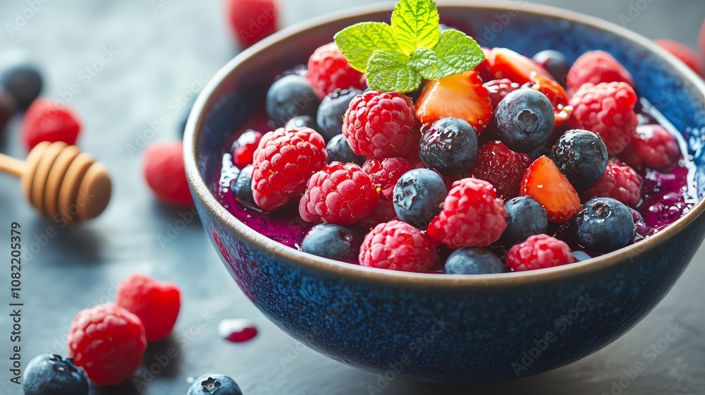 Açaà bowl topped with fresh fruit, nuts, and chia seeds, a delicious and healthy breakfast option. Açaà bowl topped with fresh fruit, nuts, and chia seeds, a delicious and healthy breakfast option.