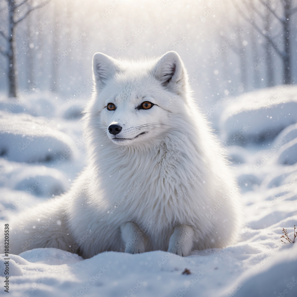 Obraz premium Majestic arctic fox sitting calmly in a snowy landscape with soft sunlight