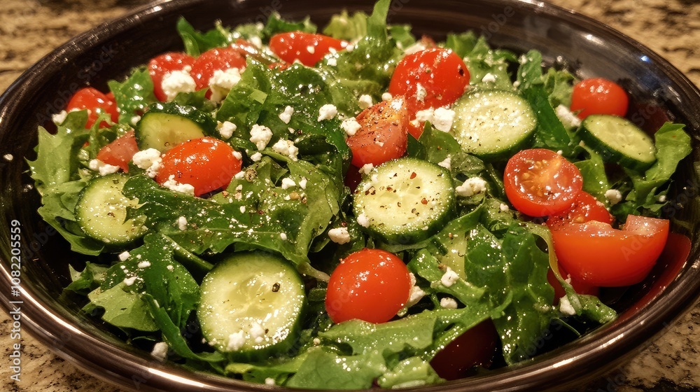 Fresh Garden Salad with Crisp Cucumbers, Juicy Cherry Tomatoes, Leafy Greens, and Crumbled Feta Cheese Served in a Black Bowl on a Rustic Countertop Fresh Garden Salad with Crisp Cucumbers, Juicy Cherry Tomatoes, Leafy Greens, and Crumbled Feta Cheese Served in a Black Bowl on a Rustic Countertop