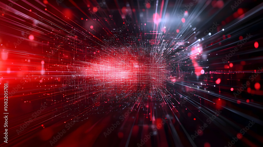 Abstract 3D Red and White Grid Background with Light Streaks and Glowing Particles Abstract 3D Red and White Grid Background with Light Streaks and Glowing Particles