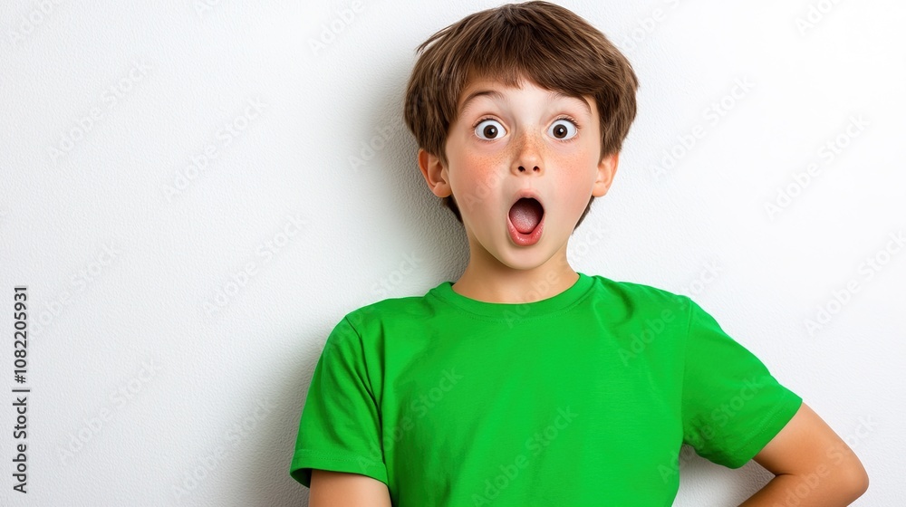 Young Boy Expressing Surprise and Excitement with Open Mouth and Wide Eyes, Wearing Bright Green T-Shirt Against a Simple White Background Young Boy Expressing Surprise and Excitement with Open Mouth and Wide Eyes, Wearing Bright Green T-Shirt Against a Simple White Background