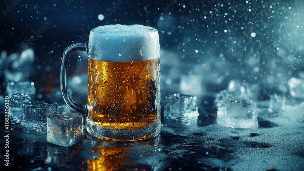 Frosty Mug of Beer with Ice Cubes in Background Frosty Mug of Beer with Ice Cubes in Background