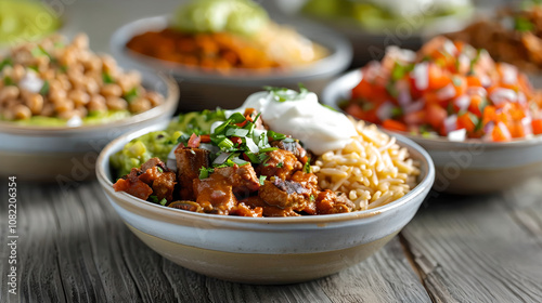Savoring authentic mexican cuisine flavorful bowls of rice and meat vibrant ingredients rustic kitchen close-up view culinary delight