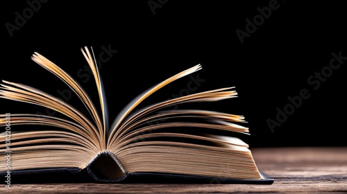 Open Book on Wooden Table Against a Black Background