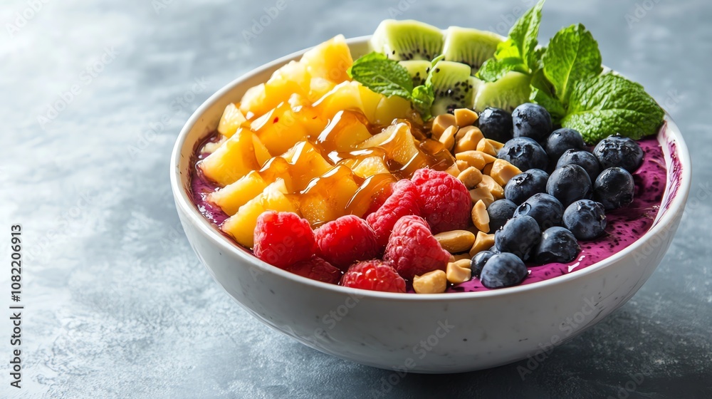 Açaà bowl topped with fresh fruit, nuts, and chia seeds, a delicious and healthy breakfast option. Açaà bowl topped with fresh fruit, nuts, and chia seeds, a delicious and healthy breakfast option.