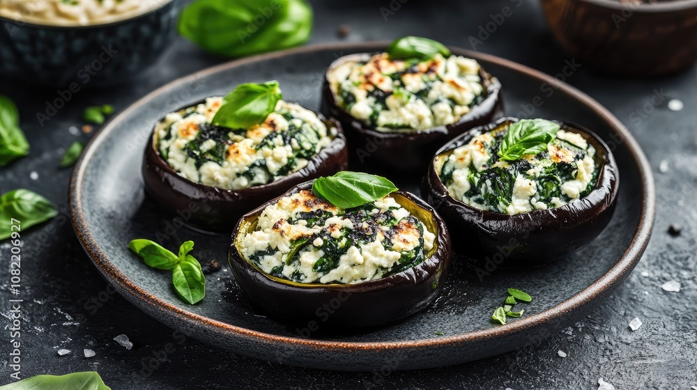 Delicious Stuffed Eggplant with Spinach and Cheese Garnished with Fresh Basil, Served on a Stylish Dark Plate in Rustic Kitchen Setting Delicious Stuffed Eggplant with Spinach and Cheese Garnished with Fresh Basil, Served on a Stylish Dark Plate in Rustic Kitchen Setting