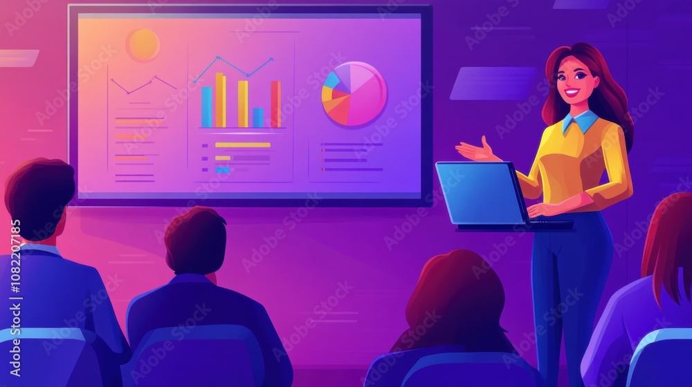 Business Presentation with Female Presenter Using Laptop in Front of Audience, Colorful Graphs and Charts Displayed on Screen in Modern Office Environment Business Presentation with Female Presenter Using Laptop in Front of Audience, Colorful Graphs and Charts Displayed on Screen in Modern Office Environment