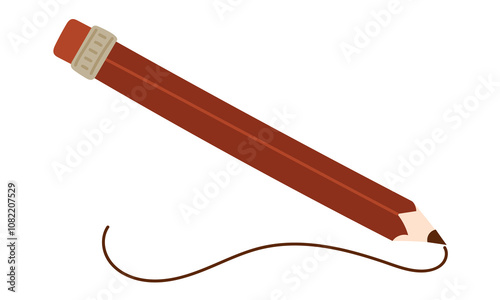 A colored red pencil draws lines. A flat vector illustration of a single pencil with a line. An isolated school subject for learning. The line is thin drawn on white. Drawing on white