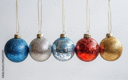 Collection set of five silver, blue, golden and red Chritmas balls hanging with a string, Christmas shiny baubles professional stock photo on white background  photo