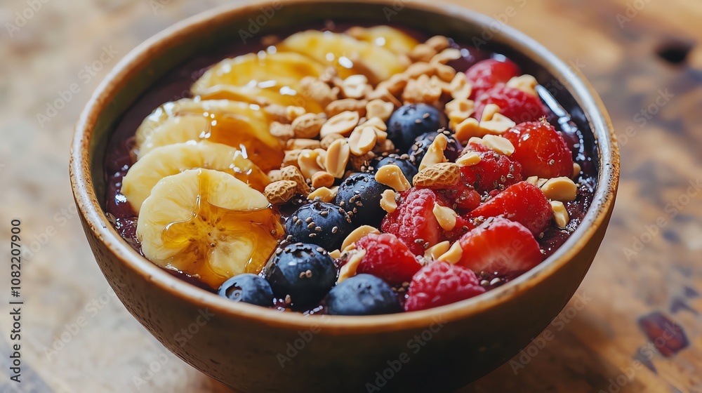 AÃ§aÃ­ bowl with fresh fruit and granola.