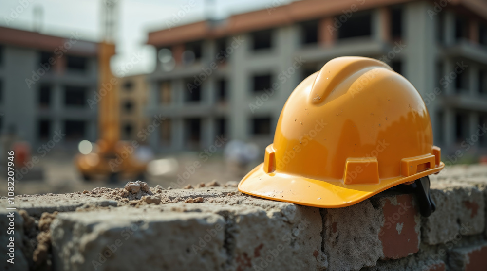 Yellow safety helmet on a construction site Yellow safety helmet on a construction site