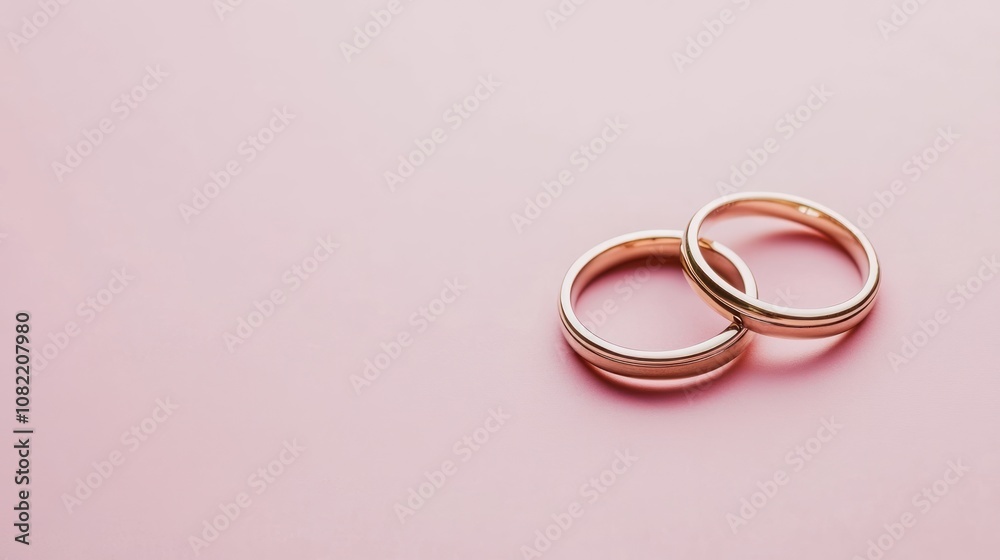 Two elegant gold wedding rings on a soft pink background. Two elegant gold wedding rings on a soft pink background.
