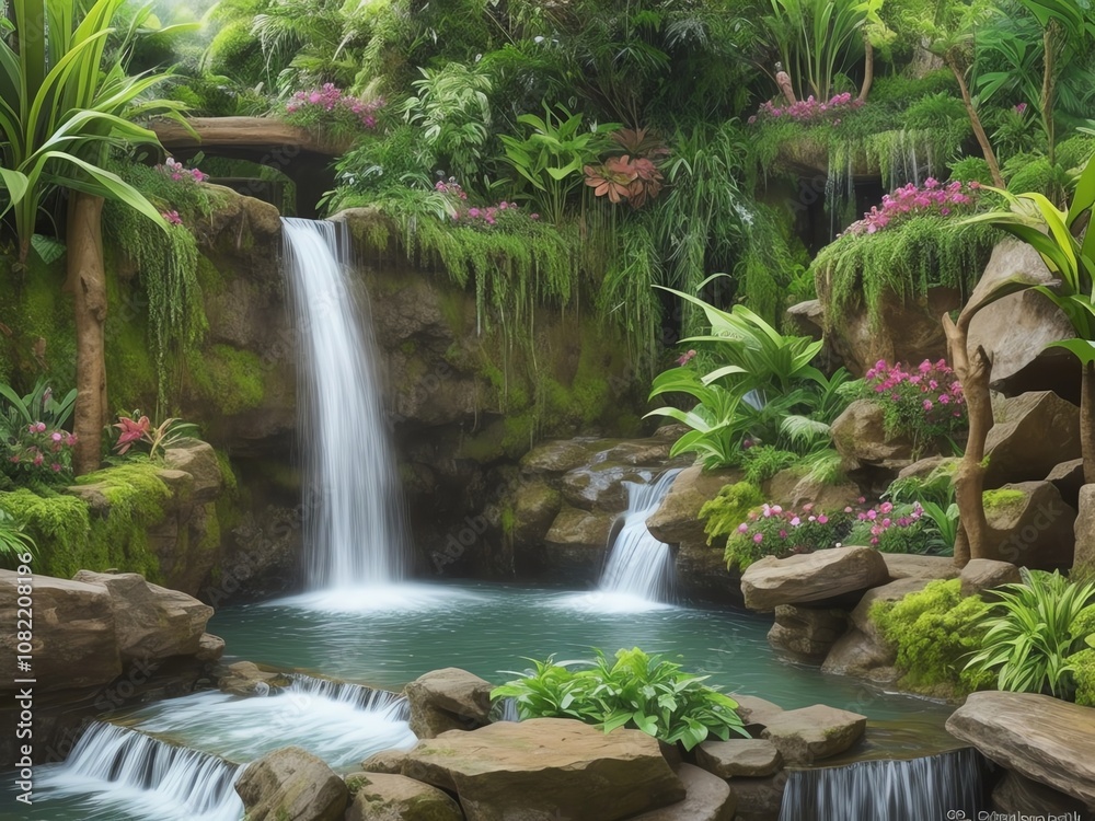 Naklejka premium A peaceful waterfall cascading down mossy rocks, surrounded by lush tropical plants and greenery