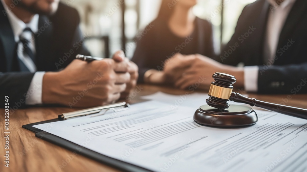 A gavel sits on a table with a legal document, suggesting a legal decision is being made. A gavel sits on a table with a legal document, suggesting a legal decision is being made.